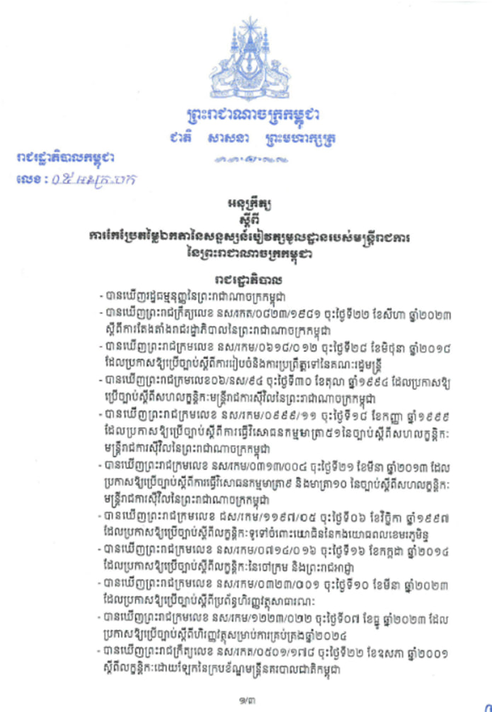 អនុក្រឹត្យលេខ ០៥ អនក្រ.បក ចុះថ្ងៃទី៤ ខែមករា ឆ្នាំ២០២៤ ស្តីពីការកែប្រែតម្លៃឯកតានៃសន្ទស្សន៍បៀវត្សមូលដ្ឋានរបស់មន្ត្រីរាជការនៃព្រះរាជាណាចក្រកម្ពុជា
