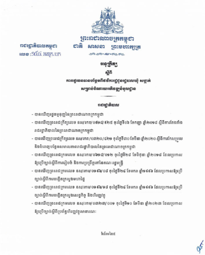 អនុក្រឹត្យលេខ ១៥៤ អនក្រ.បក ចុះថ្ងៃទី១០ ខែកក្កដា ឆ្នាំ២០២៣ ស្តីពីការផ្ទេរធនធានបន្ថែមពីថវិការដ្ឋជូនរដ្ឋបាលឃុំ សង្កាត់ សម្រាប់ចំណាយអភិវឌ្ឍន៍មូលដ្ឋាន