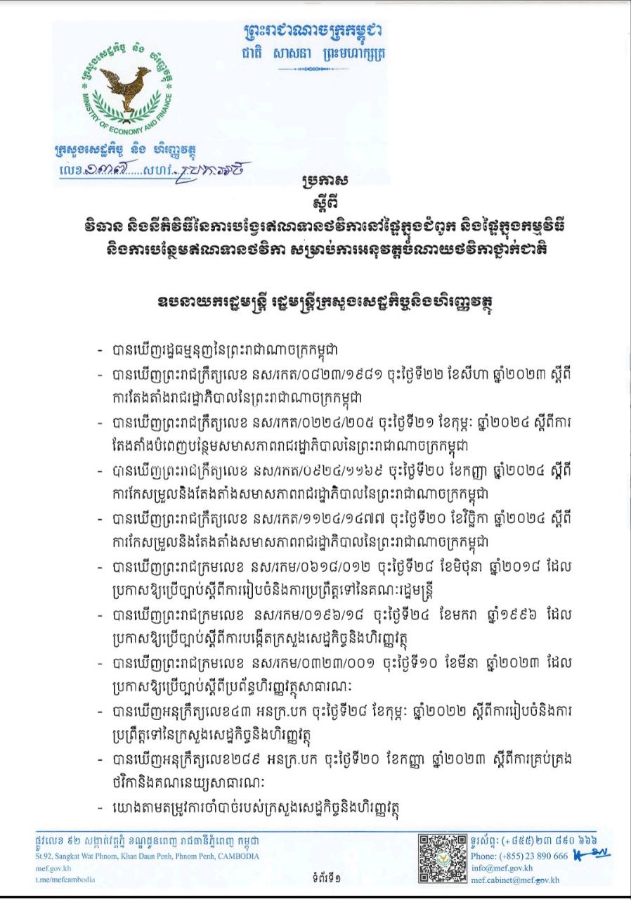 ប្រកាសលេខ ១៣៧ សហវ.ប្រក ចុះថ្ងៃទី១១ ខែកុម្ភៈ ឆ្នាំ២០២៥​ ស្តីពីវិធាន និងនីតិវិធីនៃការបង្វែរឥណទានថវិកានៅផ្ទៃក្នុងជំពូក និងផ្ទៃក្នុងកម្មវិធី និងការបន្ថែមឥណទានថវិកា សម្រាប់ការអនុវត្តចំណាយថវិកាថ្នាក់ជាតិ។
